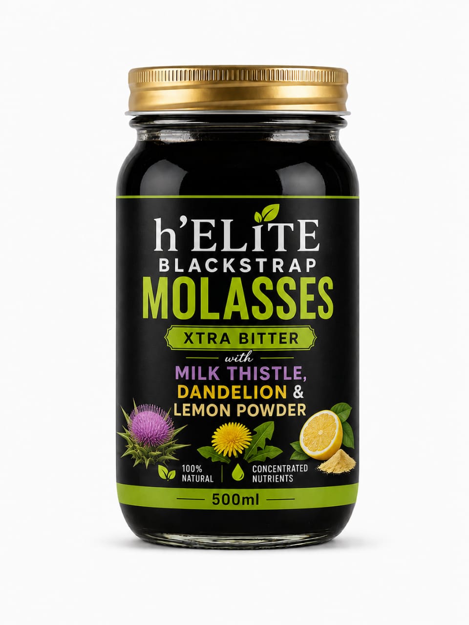 h'ELiTE Blackstrap Molasses XTRA BITTER with Dandelion, Milk Thistle & Lemon Powder